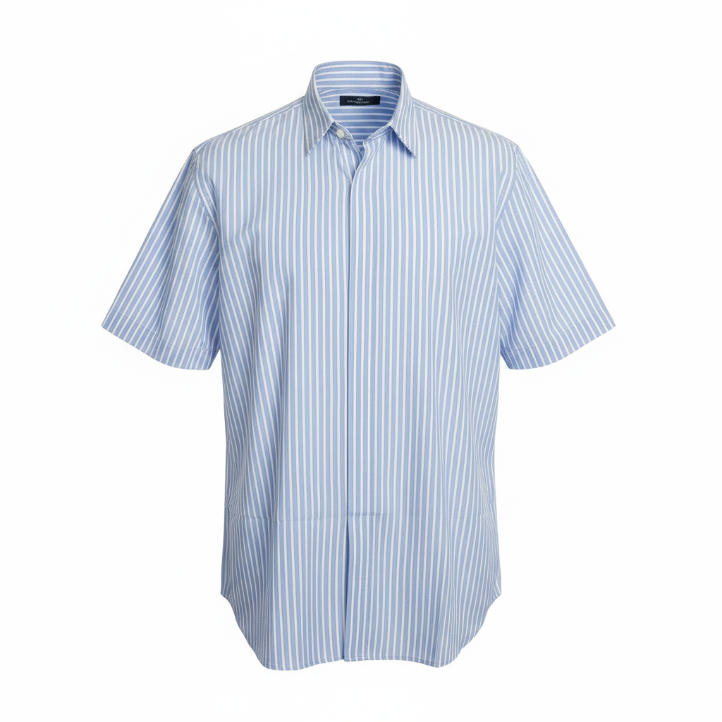 Ghost mannequin front view of blue white vertical stripe short-sleeved shirt