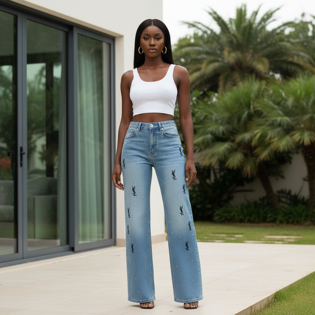 Logo Print Rhinestone Wide-Leg Jeans - Front Model