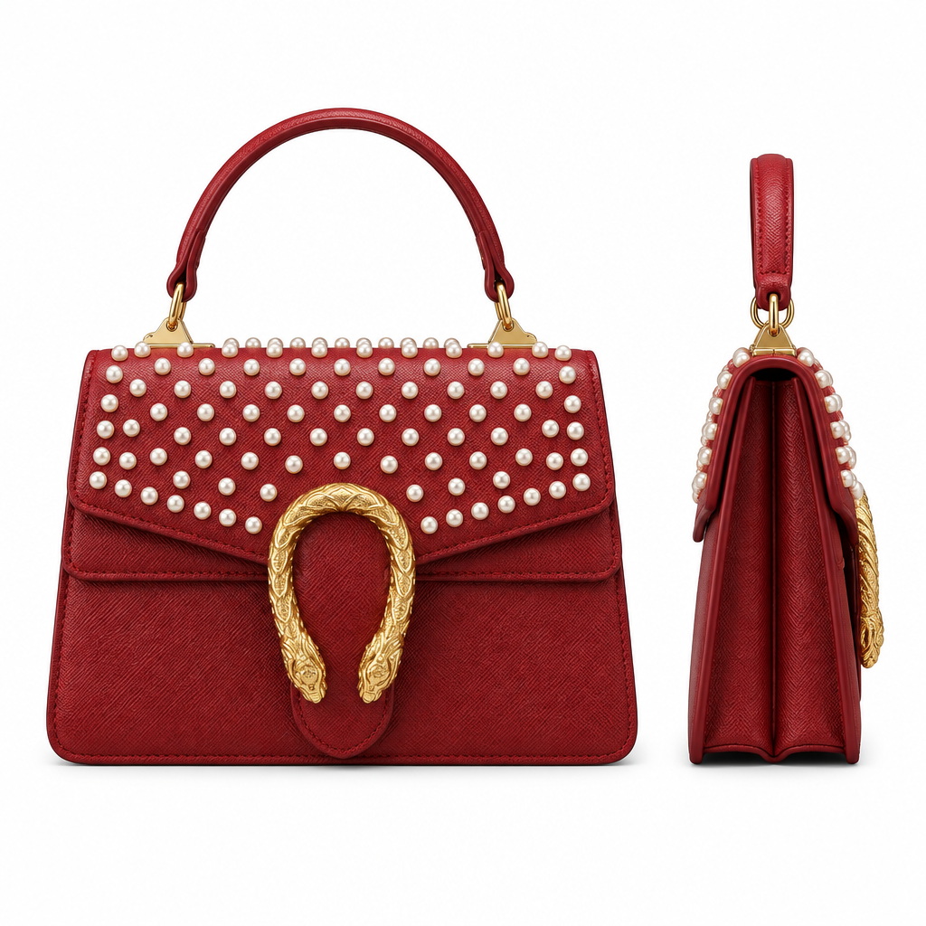 Red pearl-embellished structured women’s handbag shown from the front and side