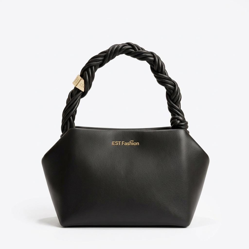 Black handbag with thick braided top handle and gold-tone details