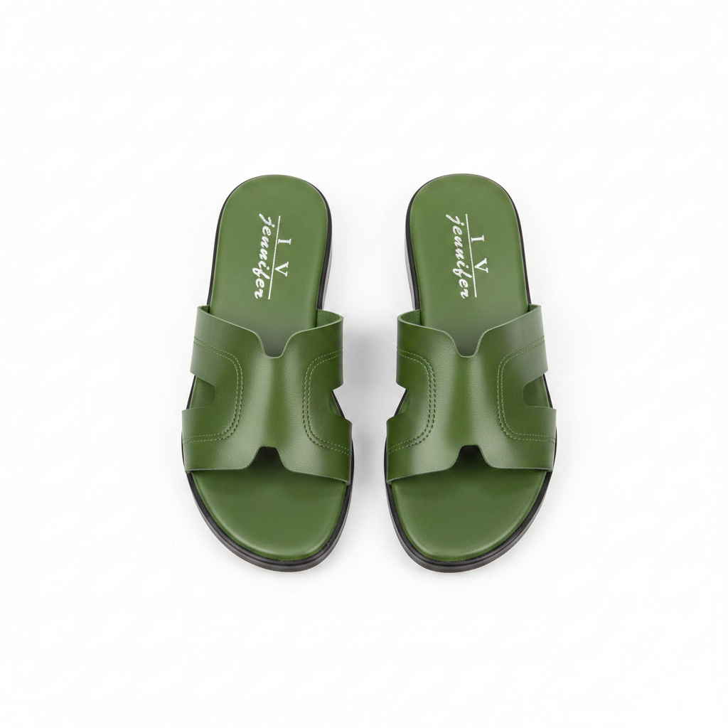 Women's green H-strap flat slide sandal – ghost mannequin pair front and side view