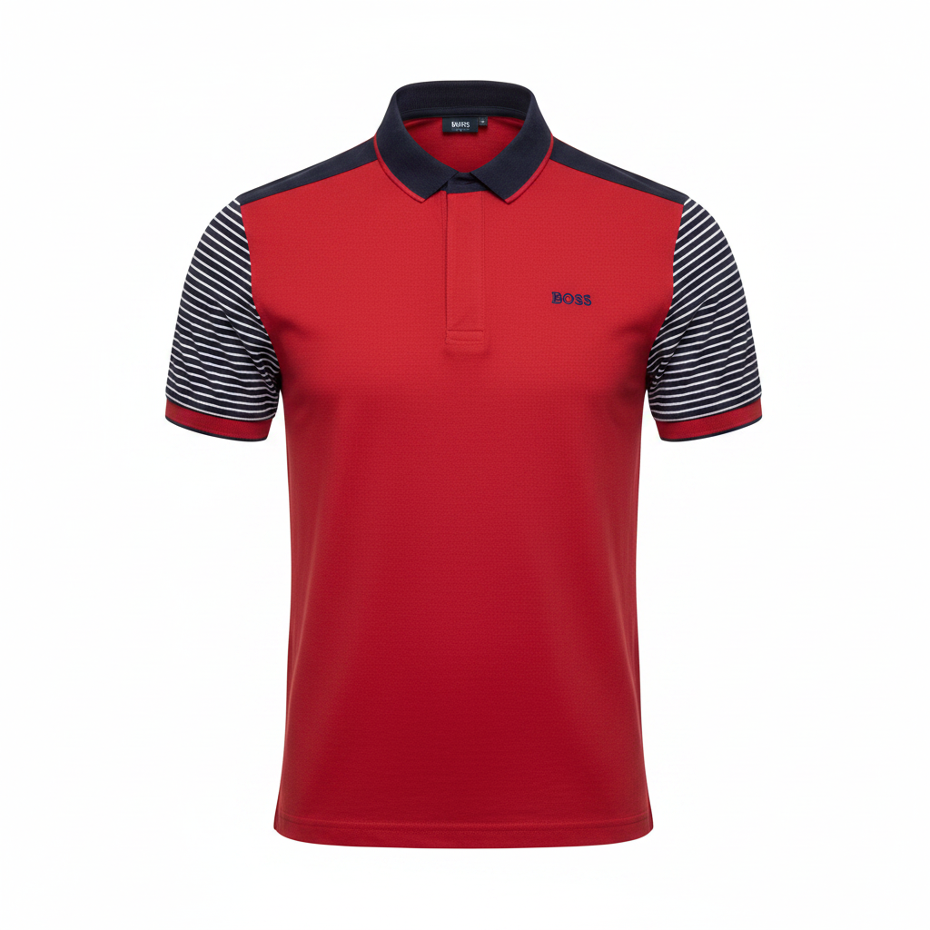 Men's red colour-block polo shirt with navy striped sleeves — ghost mannequin view