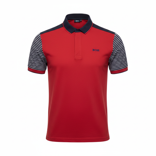 Men's red colour-block polo shirt with navy striped sleeves — ghost mannequin view