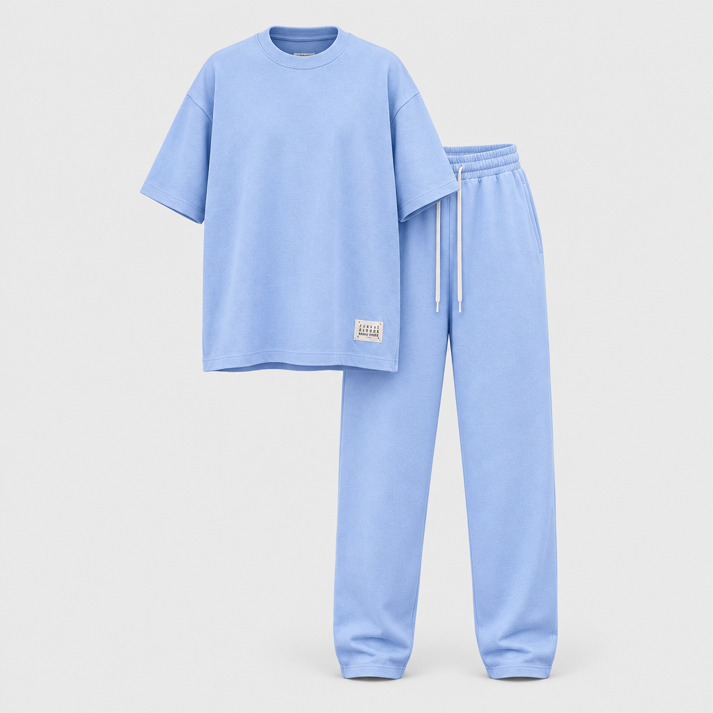Light blue oversized t-shirt and jogger tracksuit set, ghost mannequin front view
