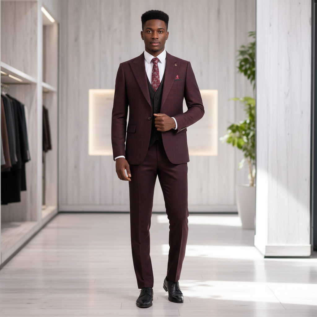 Nigerian male model wearing wine burgundy 3-piece suit