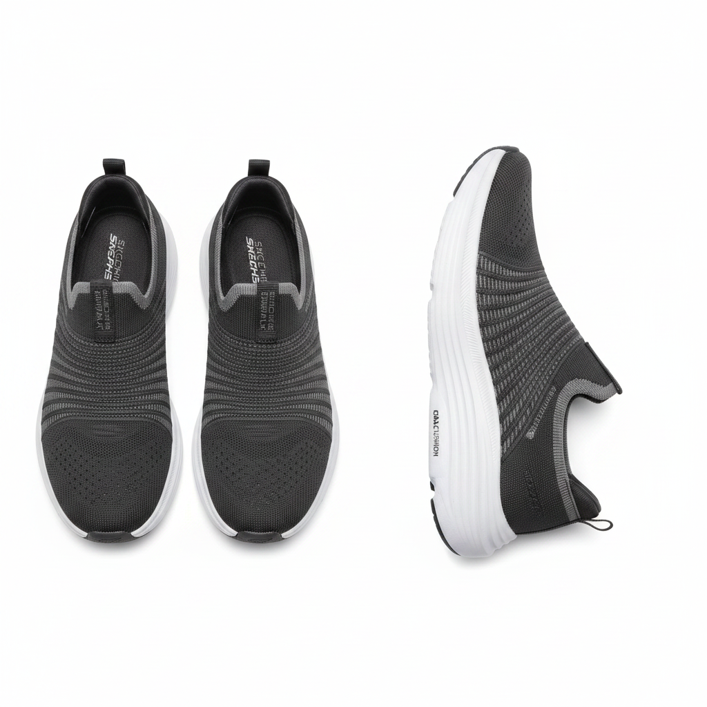 Men's charcoal grey knit slip-on sneaker with max cushion layered sole ghost mannequin front and side view pair