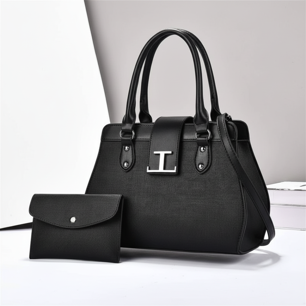 Black structured tote bag set with clutch and card holder on white background