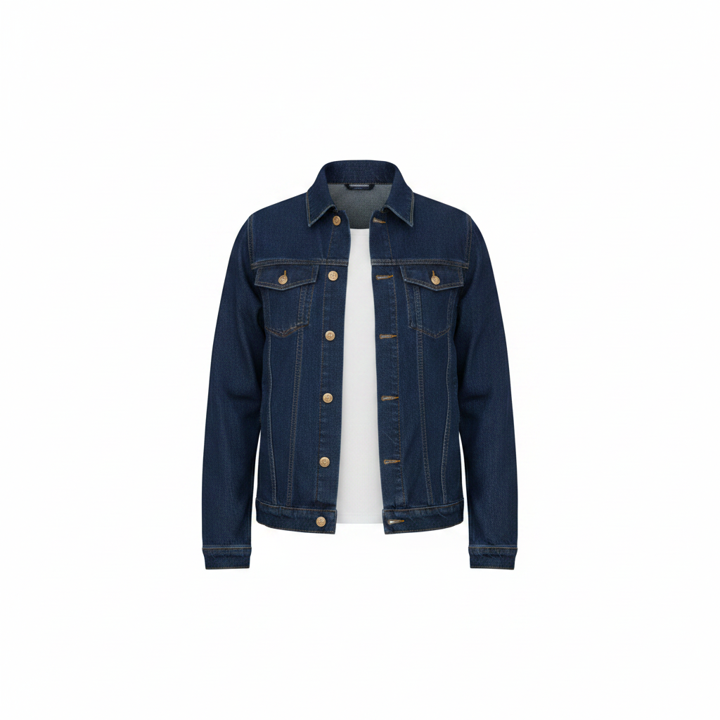 Men's navy blue denim trucker jacket ghost mannequin front view