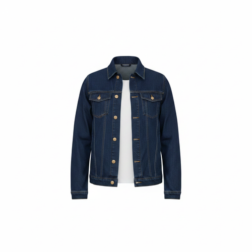 Men's navy blue denim trucker jacket ghost mannequin front view