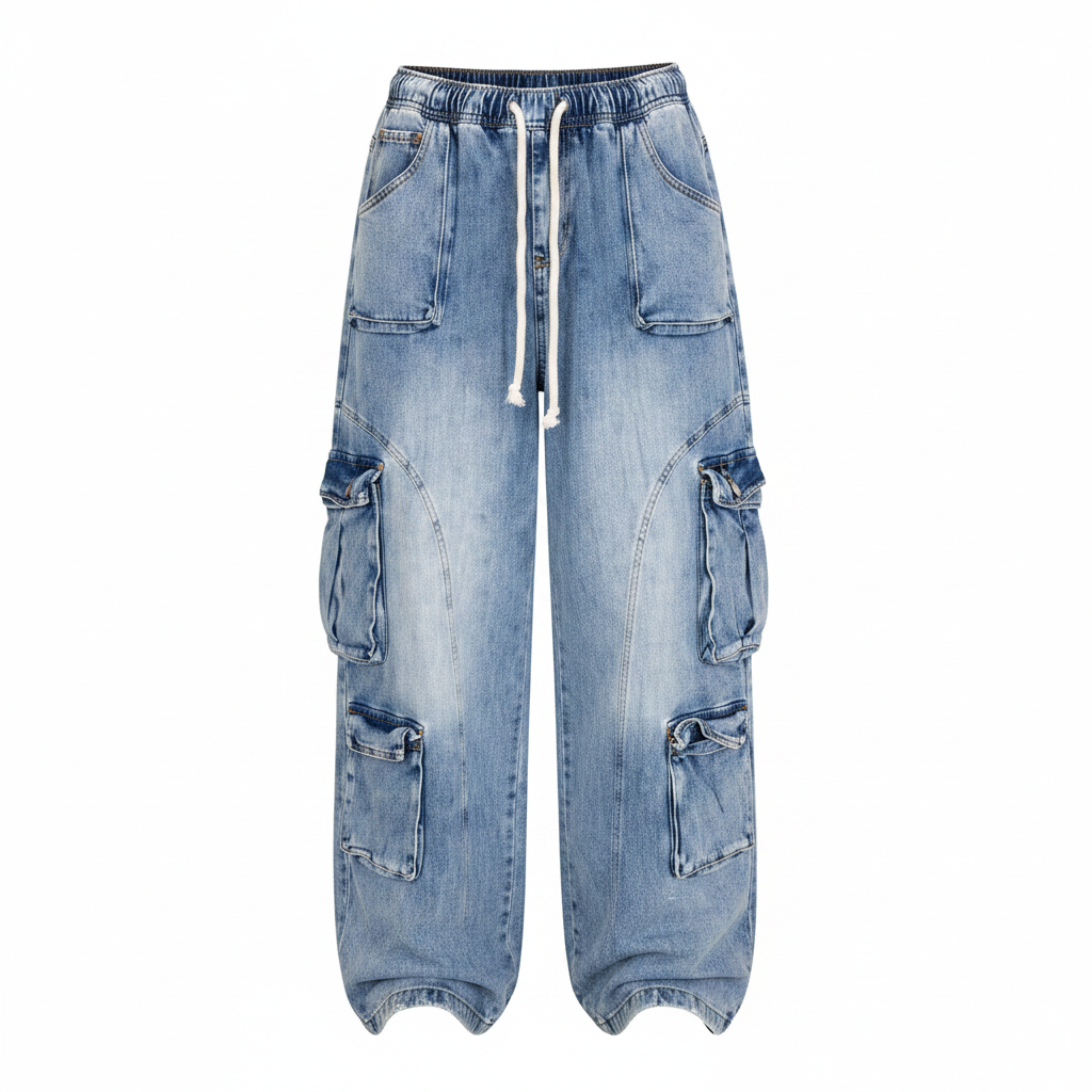 Light blue acid wash baggy cargo jeans with multiple side pockets — ghost mannequin front view on white background