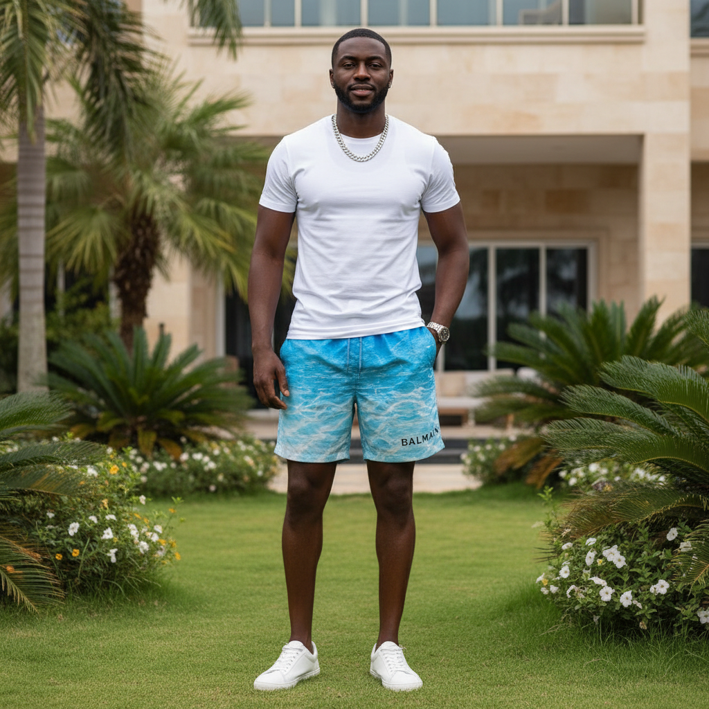 Nigerian male model wearing ocean print shorts outdoors