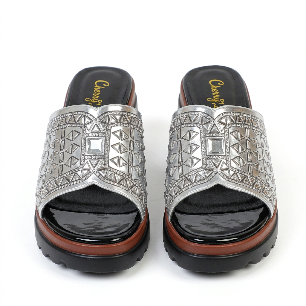 Silver metallic geometric-detail chunky platform slide pair