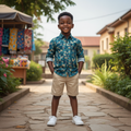 Young Nigerian boy wearing teal geometric print long sleeve shirt