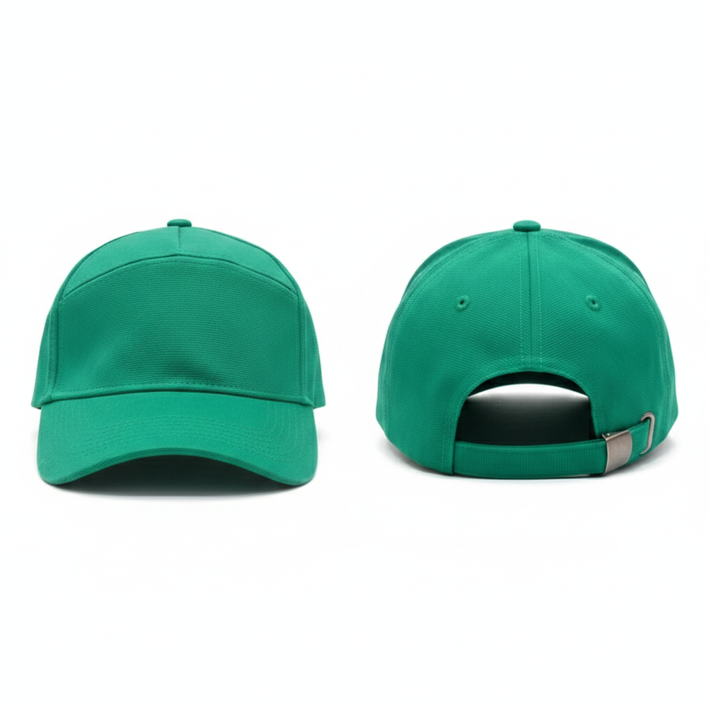 Plain vibrant kelly green structured baseball cap ghost mannequin front and side view