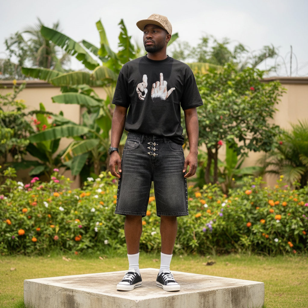 Nigerian male model wearing men's black washed hardware clasp rhinestone trim denim shorts streetwear style