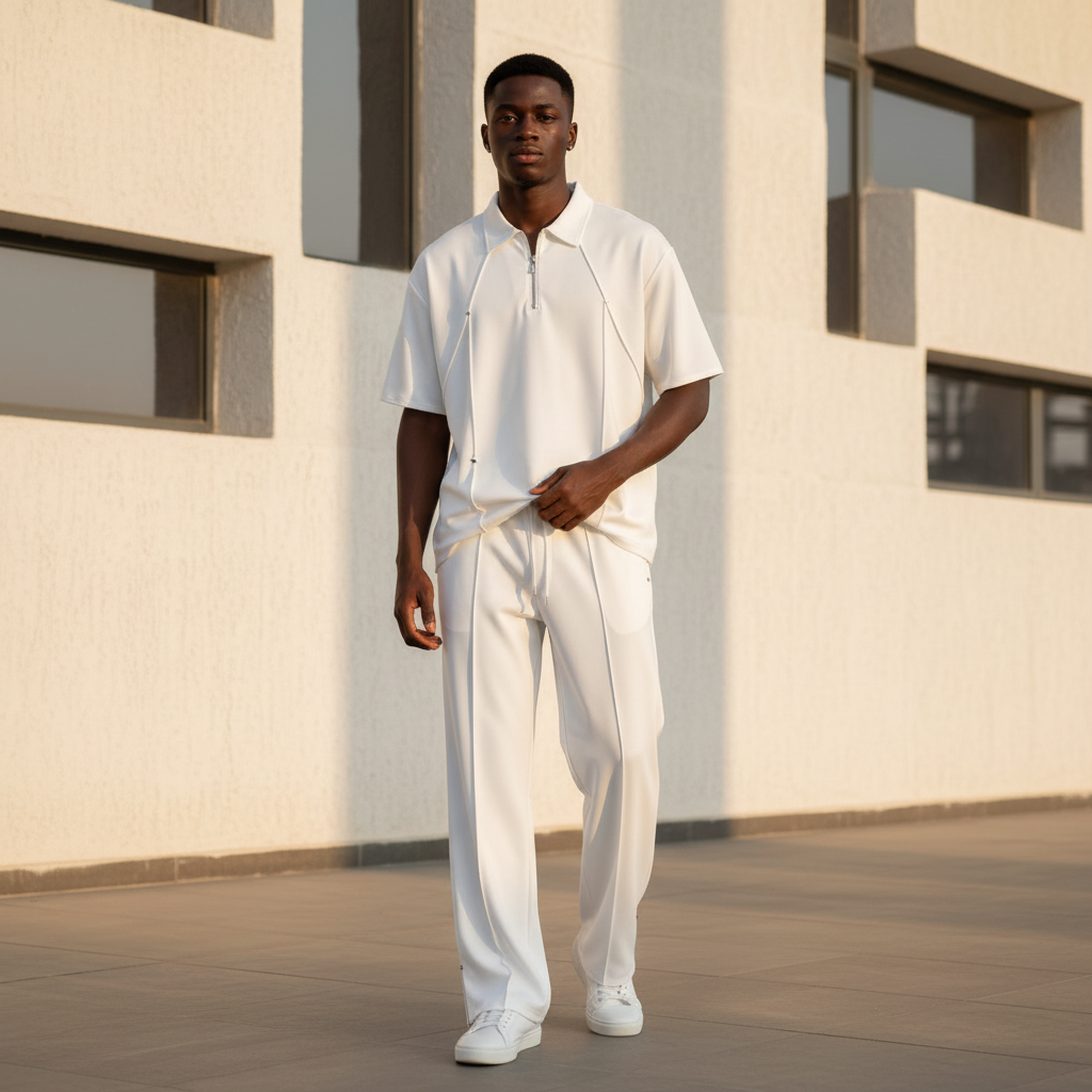 Male model wearing all-white polo and trouser two-piece set