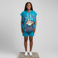 Teal Cartoon Graphic Hoodie & Shorts Set - Model Front View