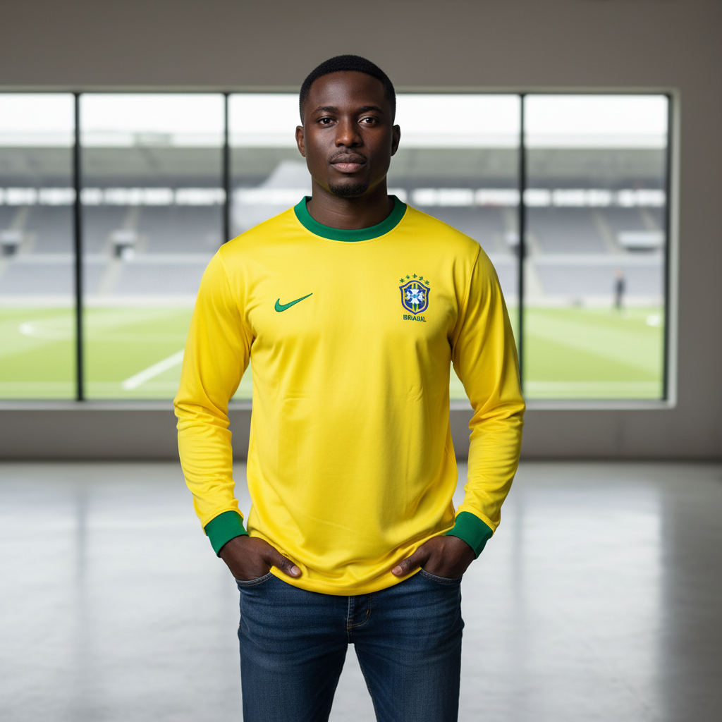 Nigerian male model wearing the yellow long-sleeve retro football jersey in a sports studio setting