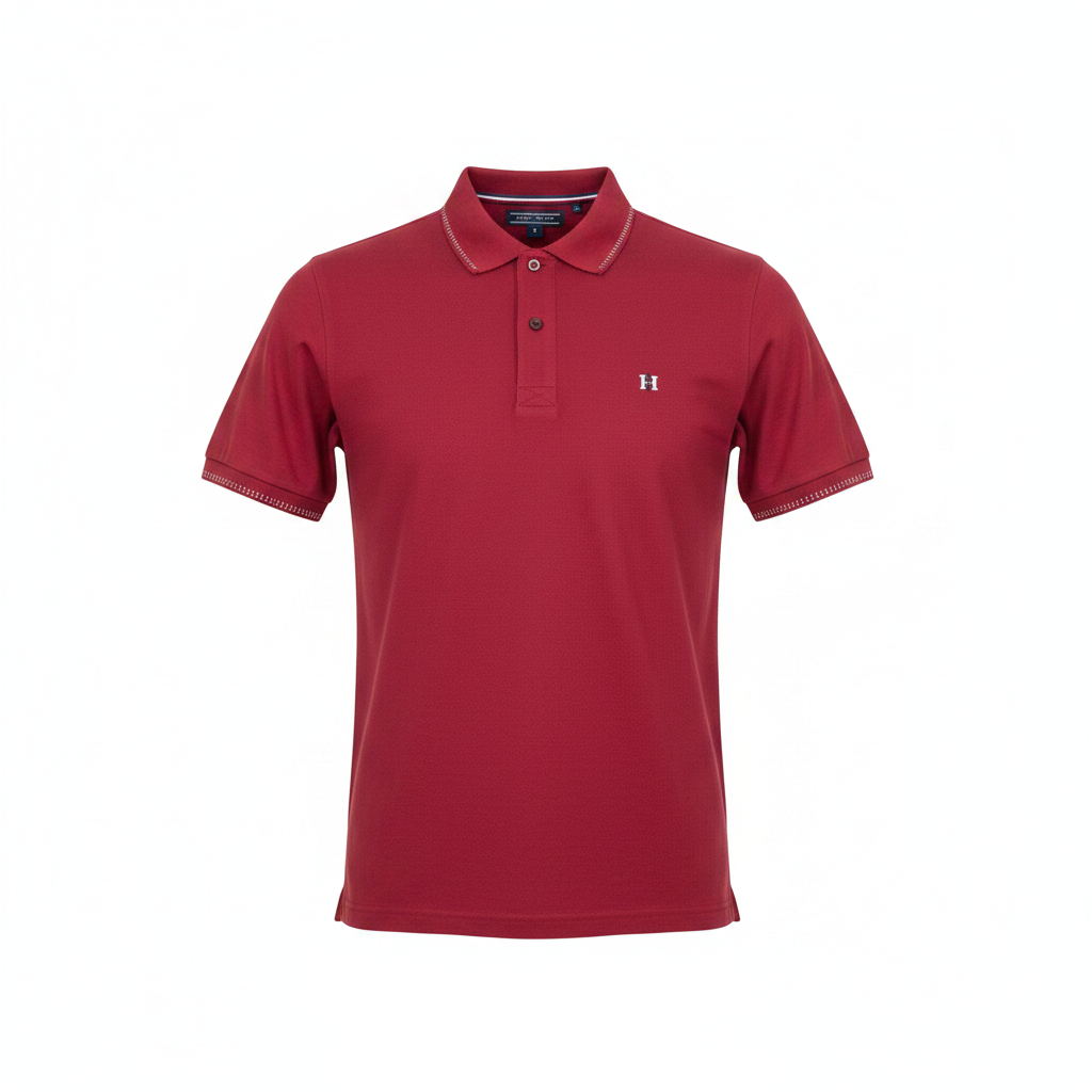 Red solid short sleeve polo shirt with white dotted stitch trim — ghost mannequin front view on white background