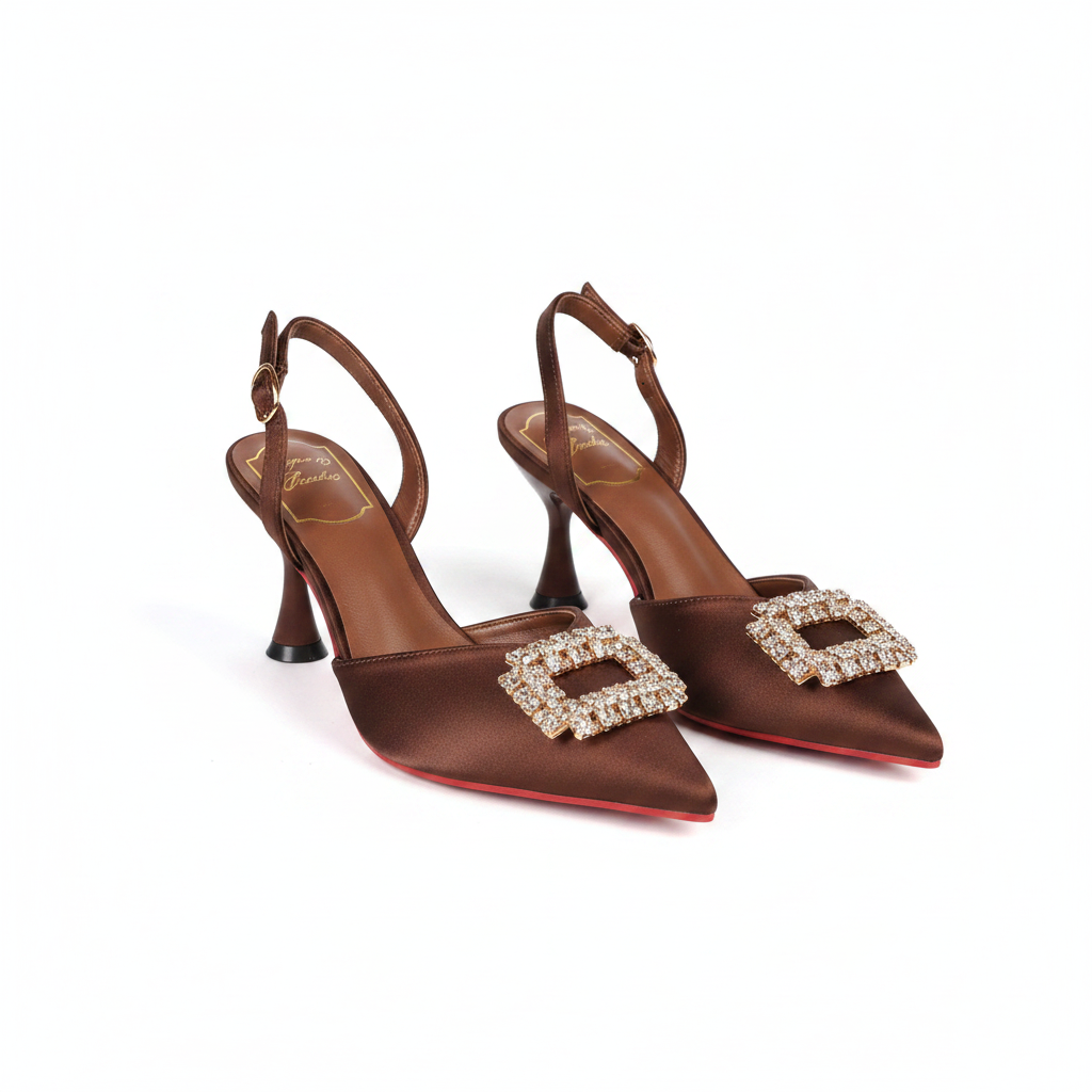Ghost mannequin pair view of brown satin rhinestone buckle pointed-toe slingback stiletto heels