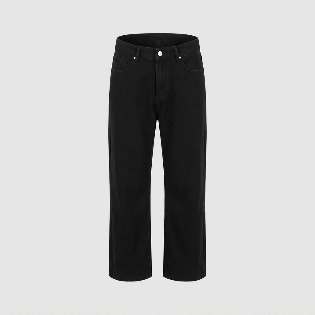 Black wide-leg denim jeans, ghost mannequin front view