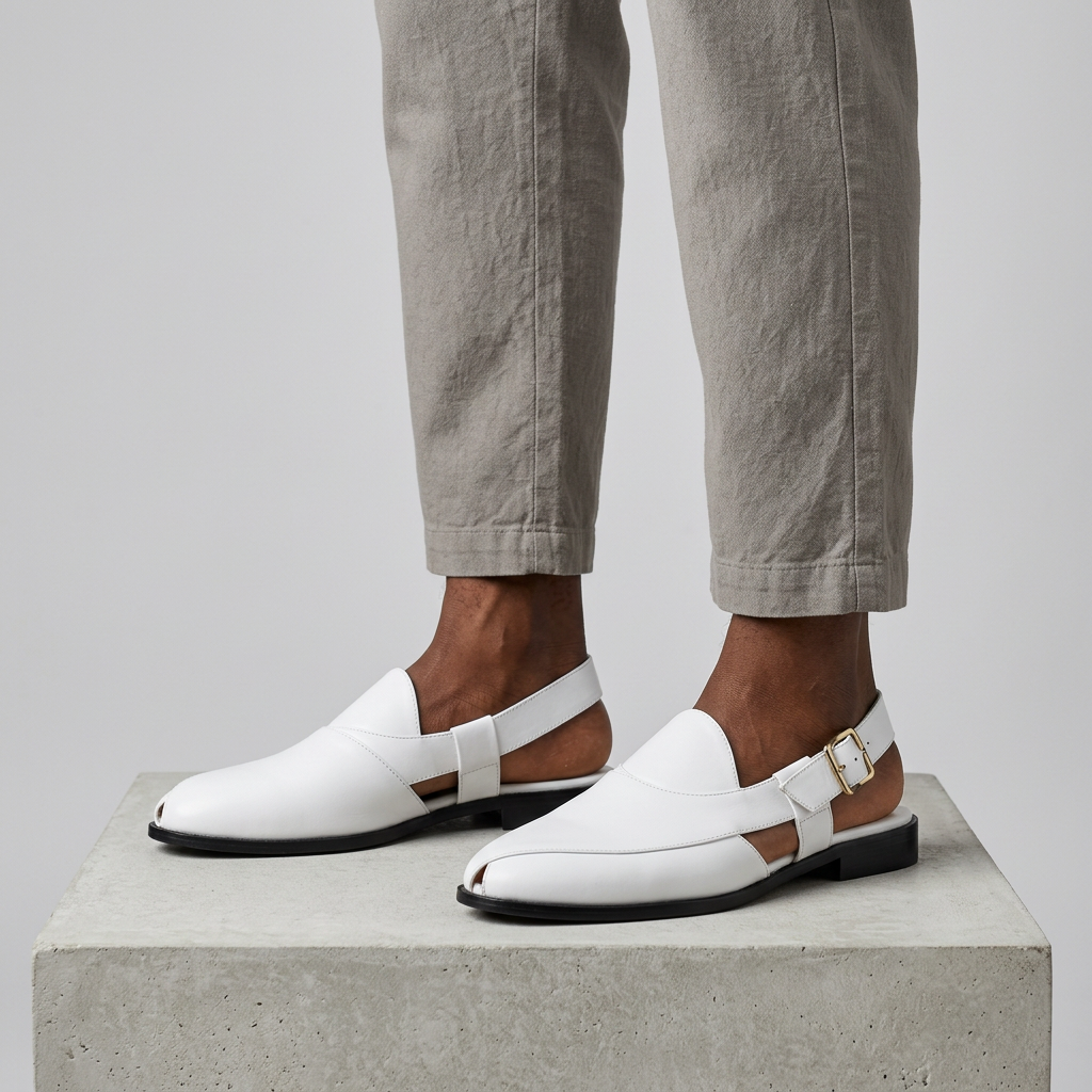 Men's white slingback sandals with gold-tone buckle worn with relaxed-fit trousers