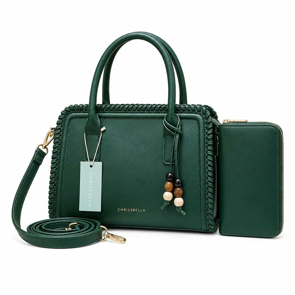 Forest green woven-edge handbag and matching zip purse on white background