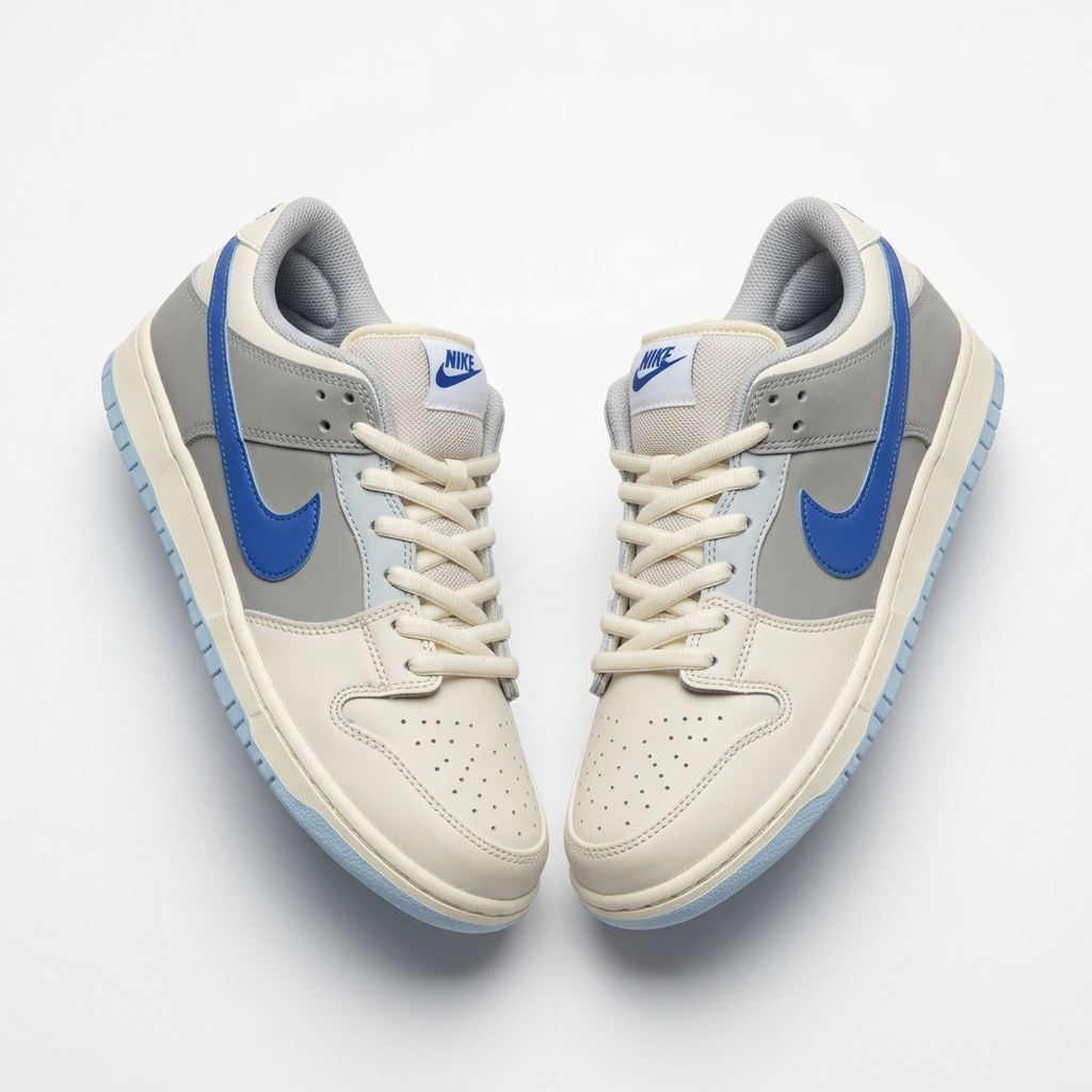 Cream grey and blue low-top sneaker pair on white