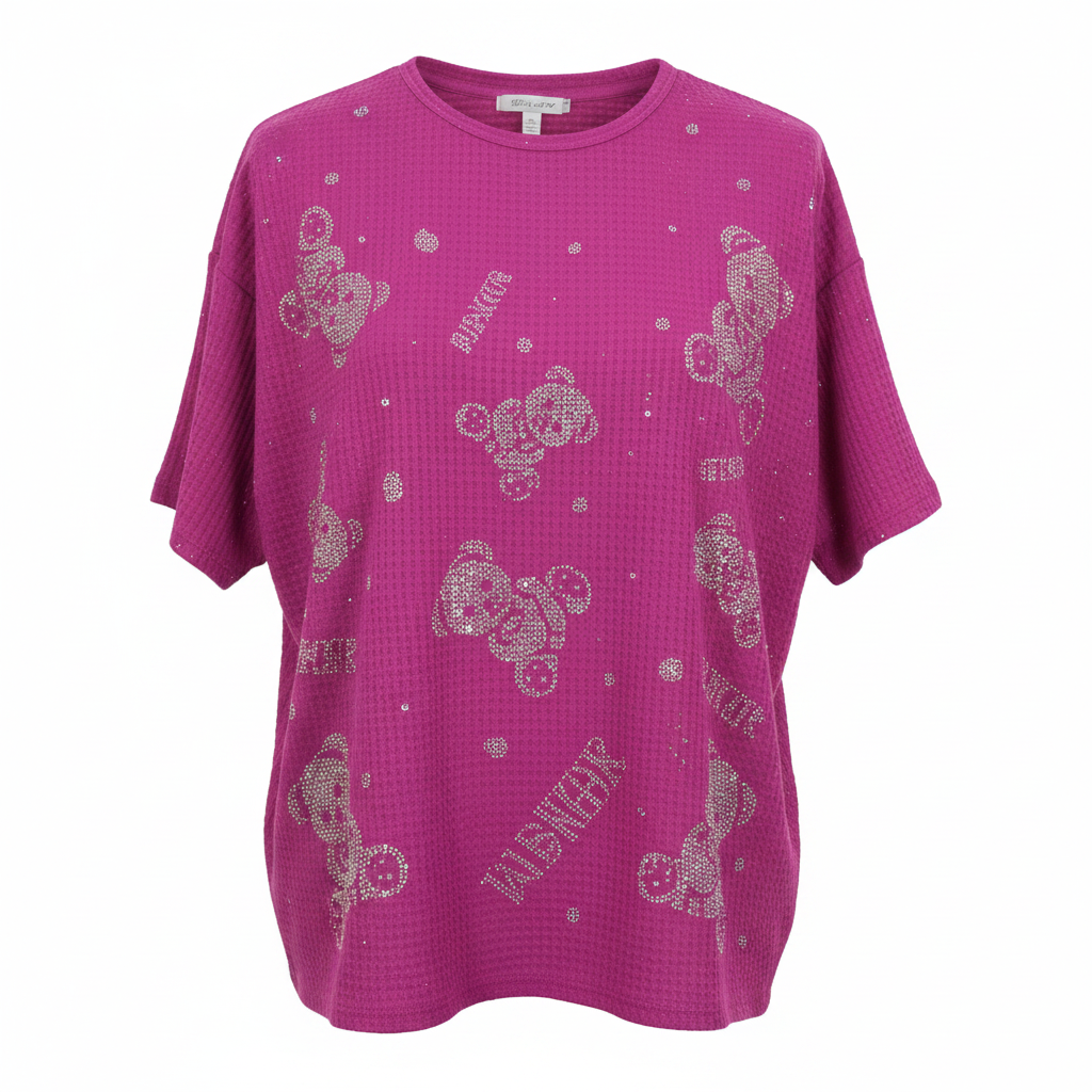 Ghost mannequin front view - pink rhinestone Mickey motif top