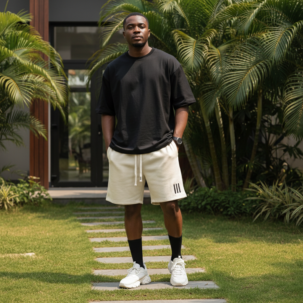Nigerian male model wearing cream triple stripe fleece drawstring shorts in upscale outdoor setting