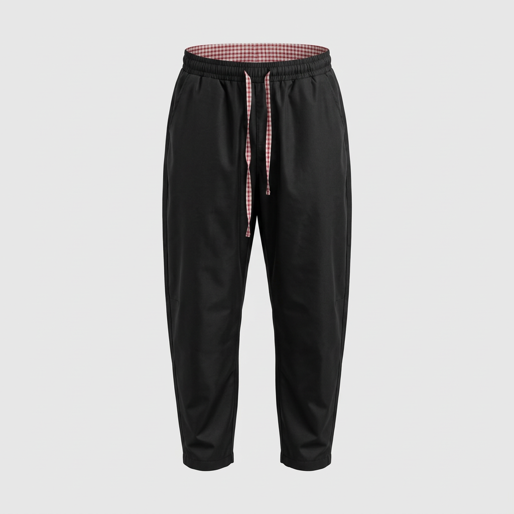 Black trousers with pink drawstring detail, ghost mannequin view