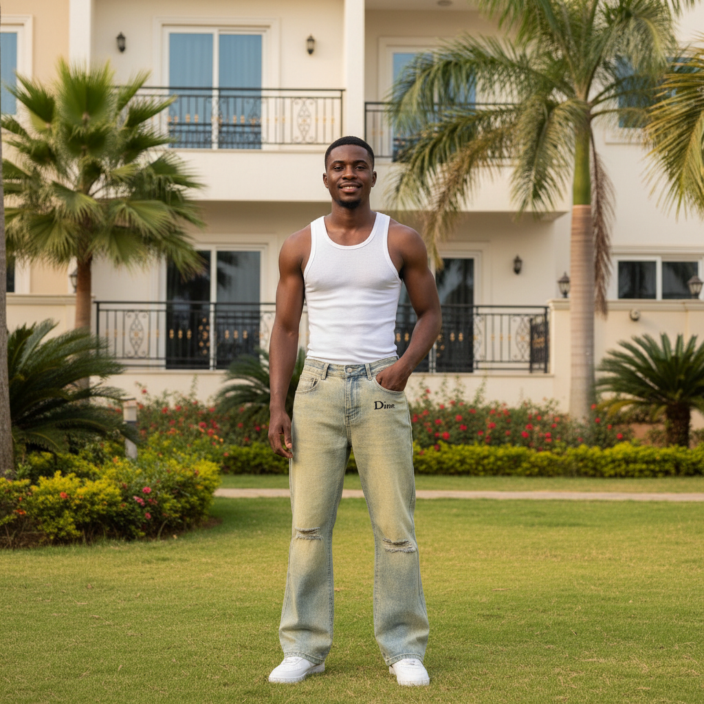 Men's Light Blue Washed Flared Distressed Denim Jeans – Nigerian Male Model Shot