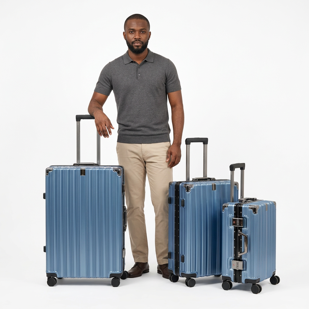 Man standing beside three blue ribbed rolling suitcases