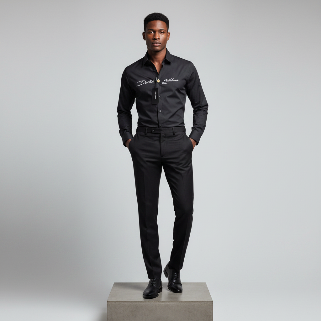Black Embroidered Long-Sleeved Shirt - Model Front