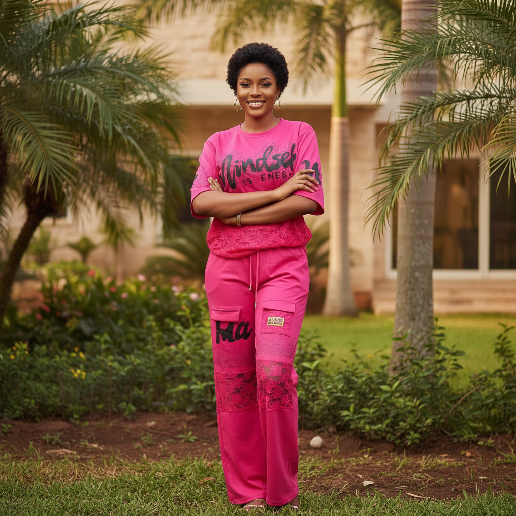 Nigerian female model wearing hot pink slogan graphic tee and lace panel cargo wide-leg trouser co-ord set