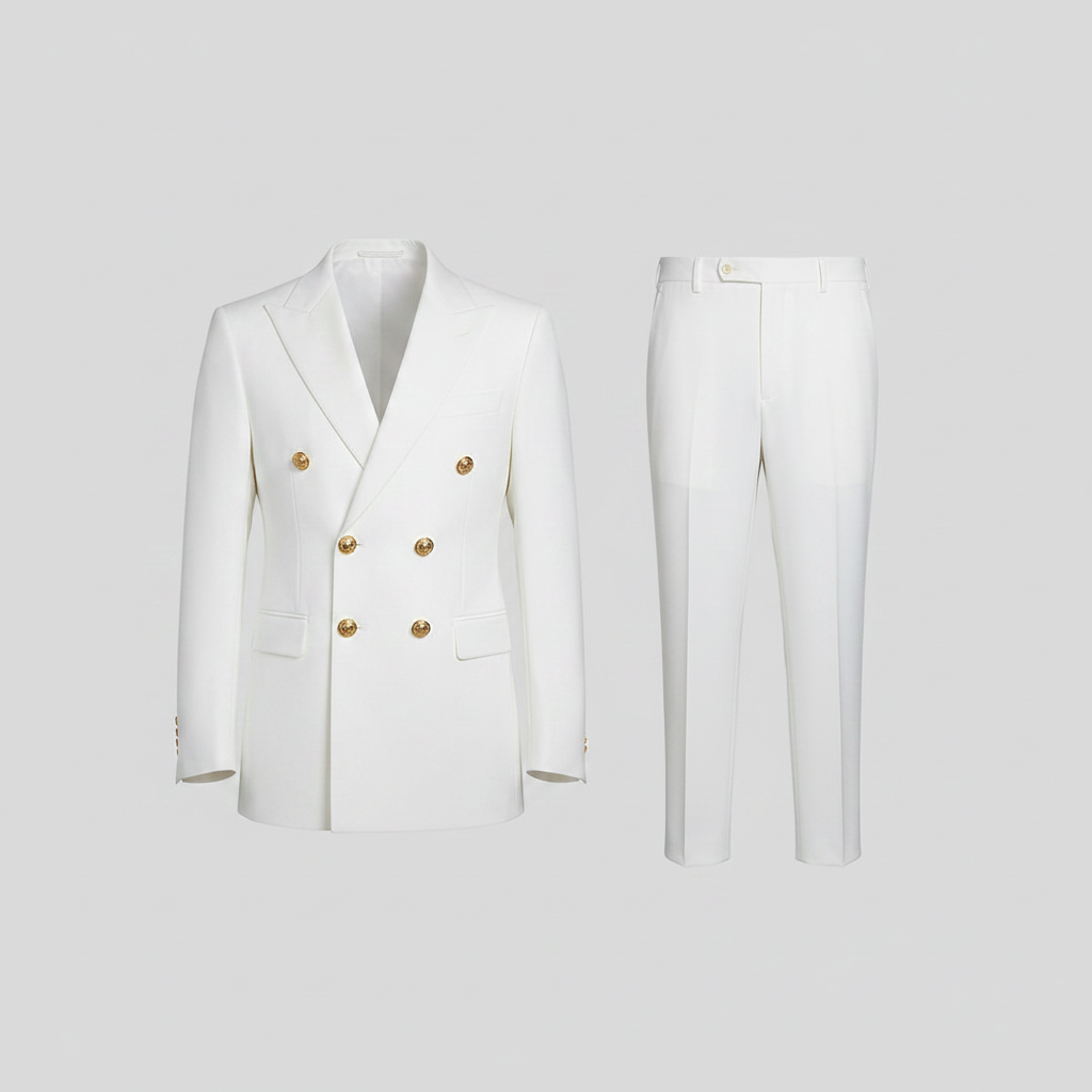 Men's white double-breasted suit jacket and trousers side by side ghost mannequin