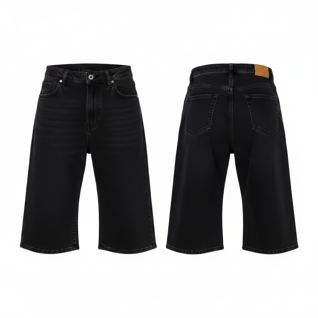 Dark Indigo Denim Bermuda Shorts - Ghost Mannequin Front