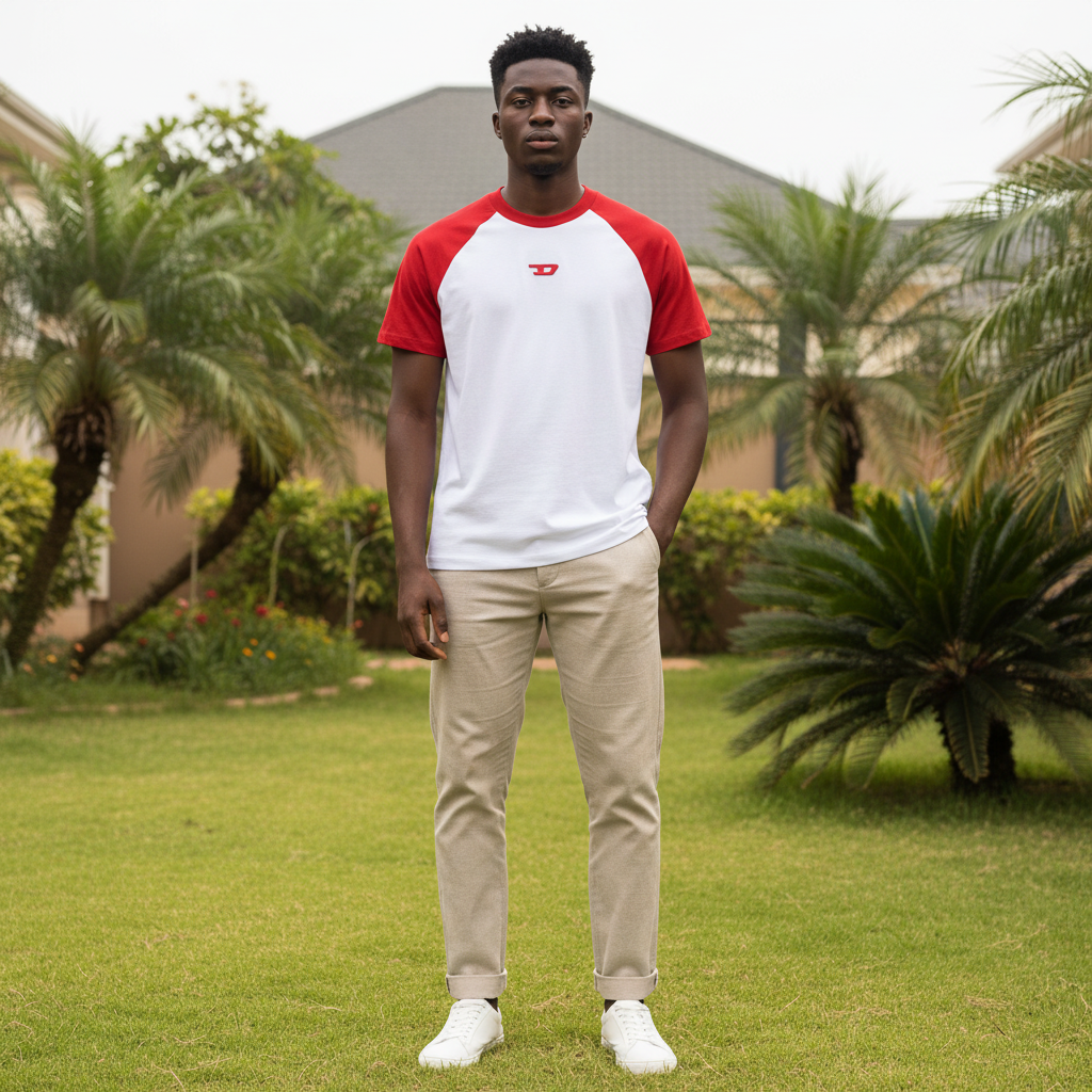 Men's White Red Raglan Tee with Red Logo - Nigerian Male Model