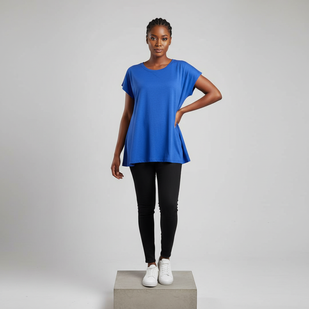 Royal Blue Round-Neck Short-Sleeved Shirt - Model Front