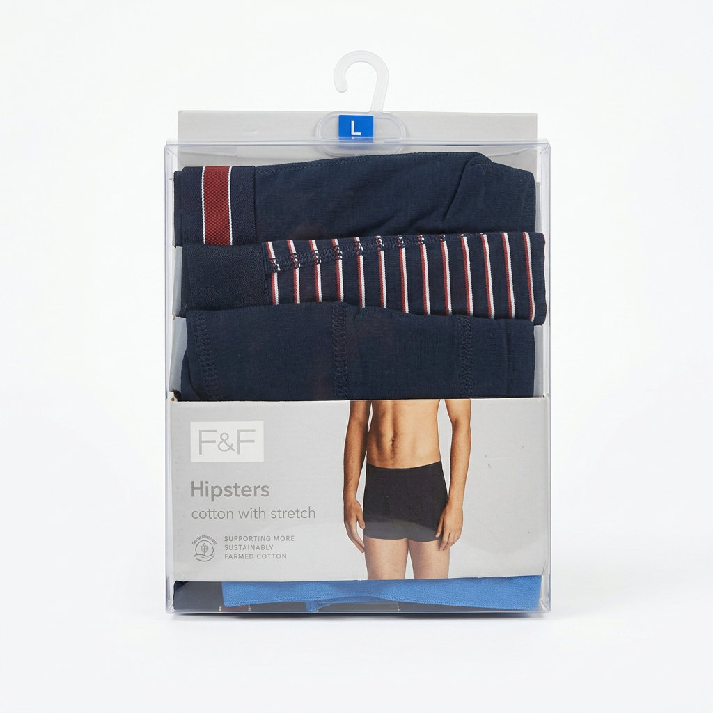 AI-generated three-pack of navy boxer briefs in clear packaging