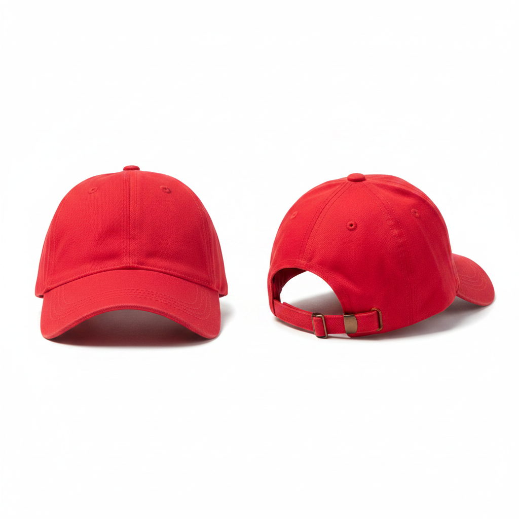 Plain vibrant red cotton baseball cap ghost mannequin front and side view