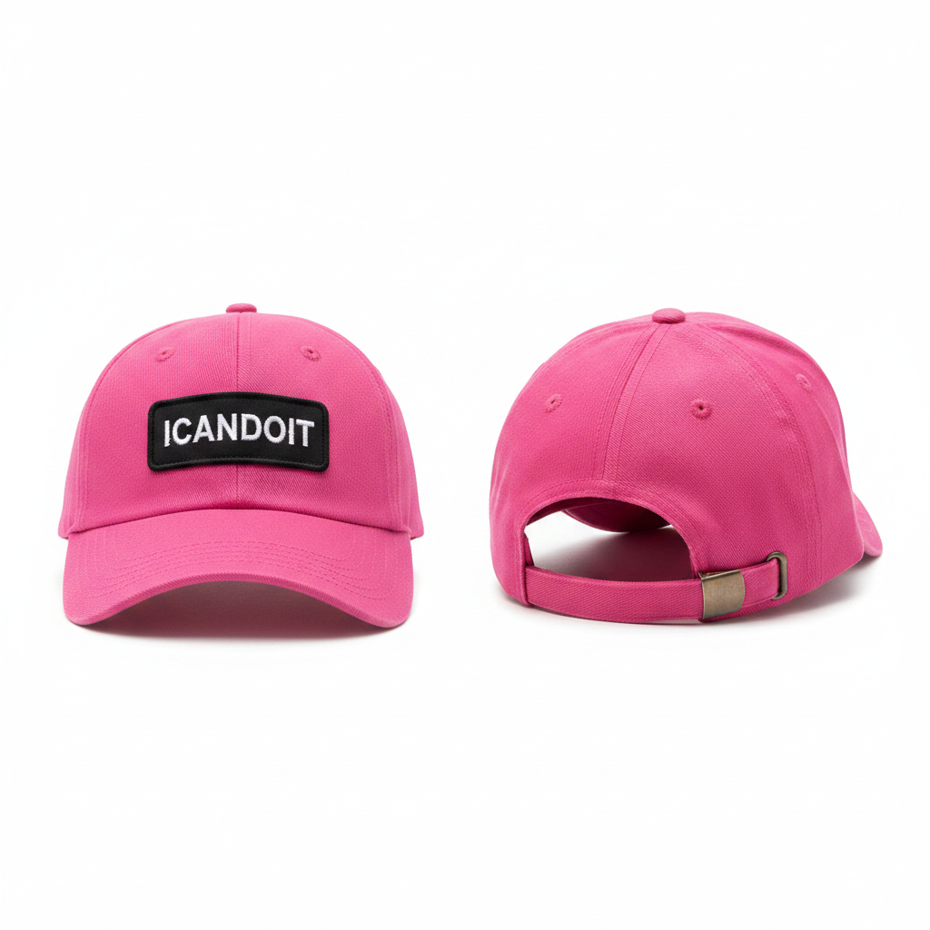 Hot pink baseball cap with black and white ICANDOIT embroidered patch ghost mannequin front and side view
