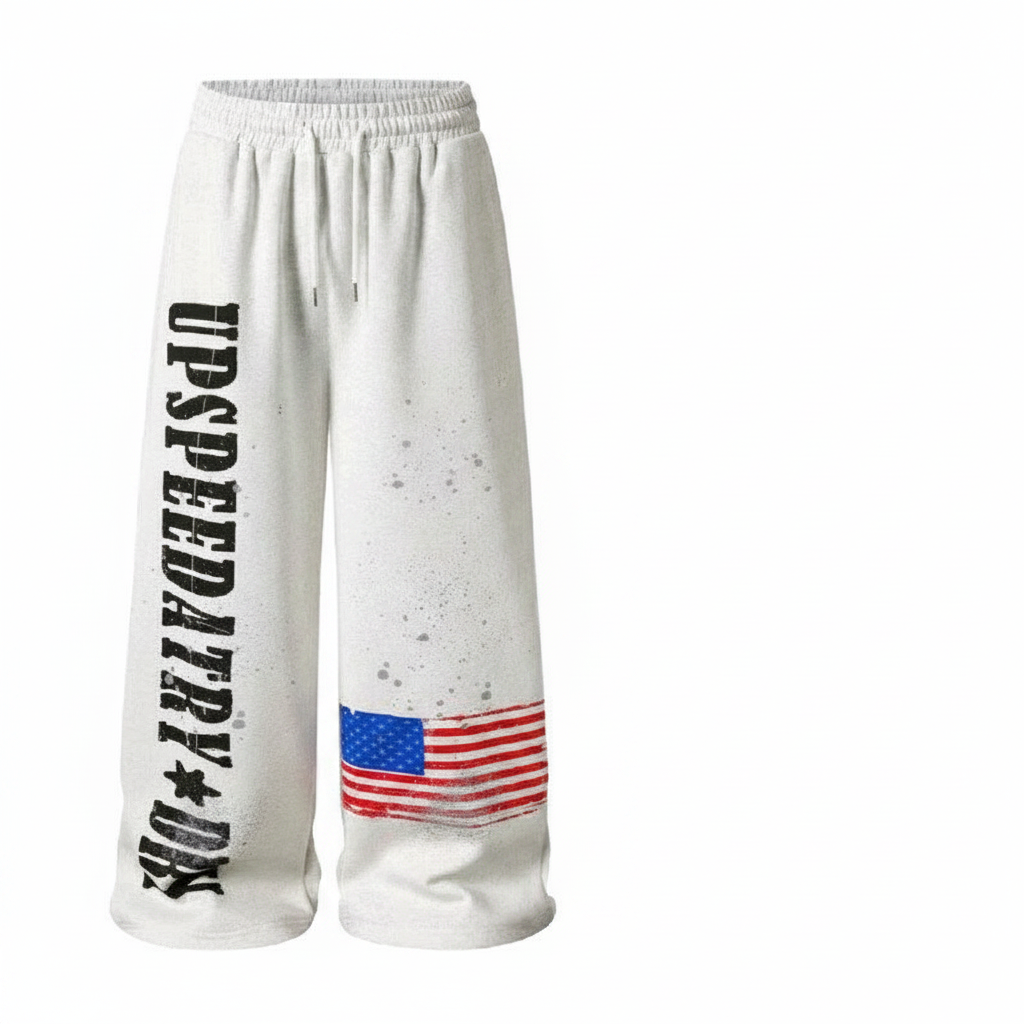 Men's white graphic print wide-leg sweatpants – ghost mannequin front view