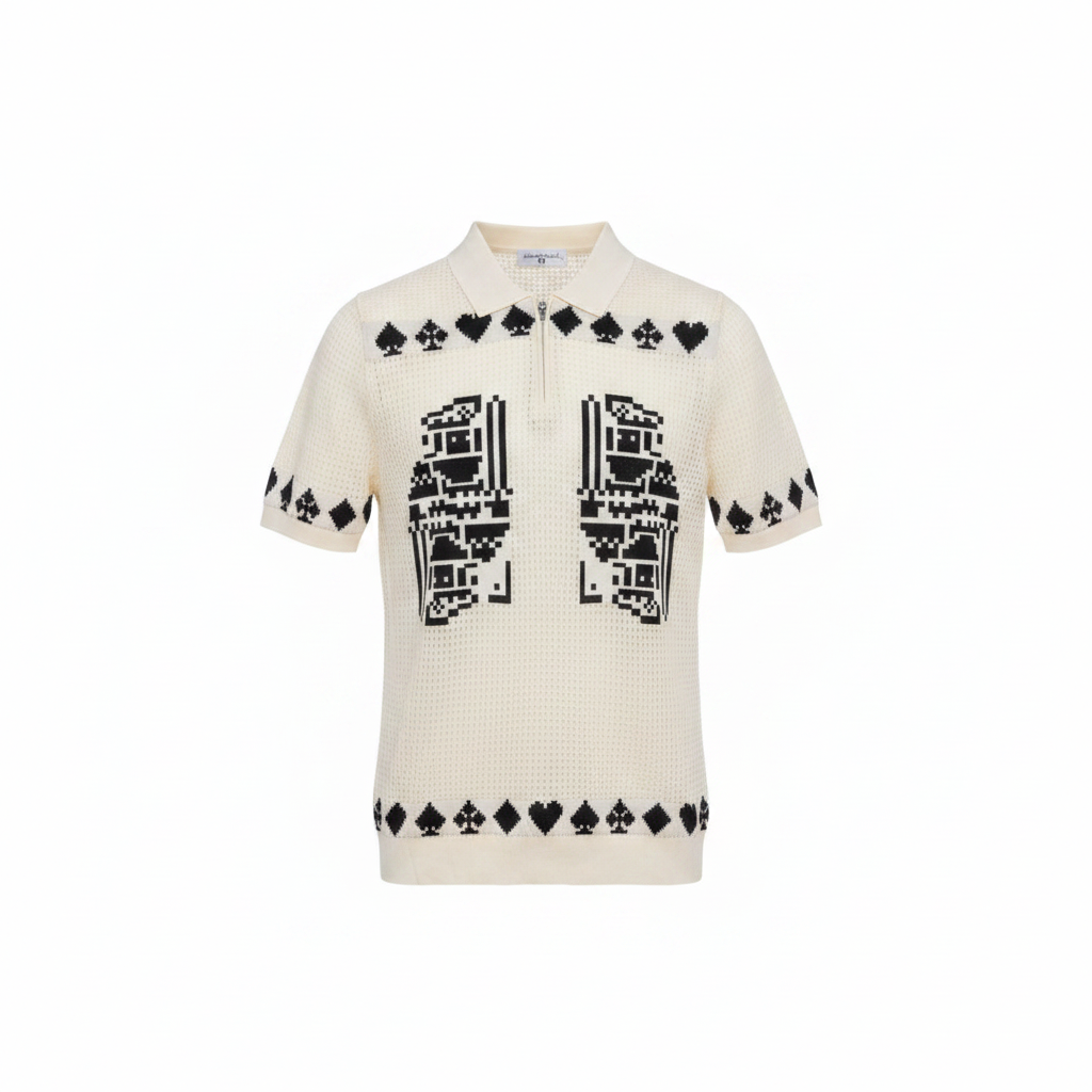 Cream black card suits open-weave knit quarter-zip polo ghost mannequin front view