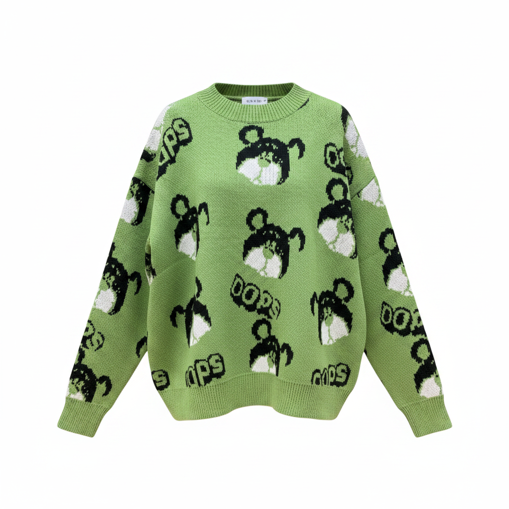 Lime green bear graphic jacquard knit sweater ghost mannequin — all-over black and white bear pattern