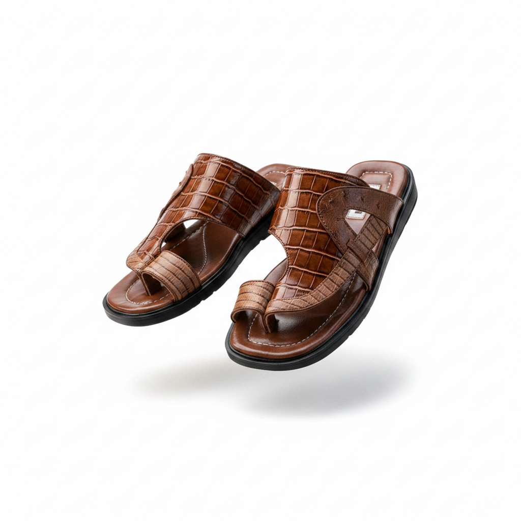 Men's brown croc-embossed leather palm slippers ghost mannequin view