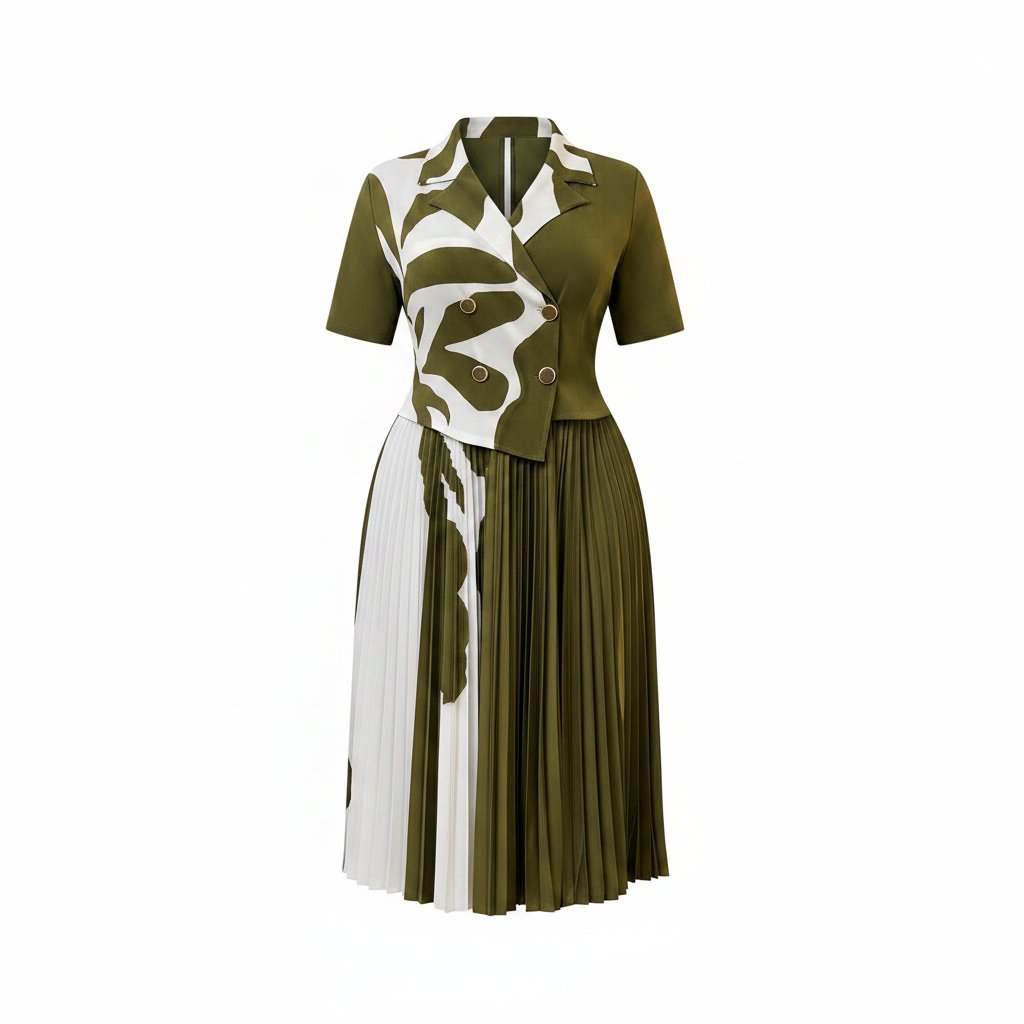 Olive green and white abstract print pleated midi gown with colour-block skirt, ghost mannequin view