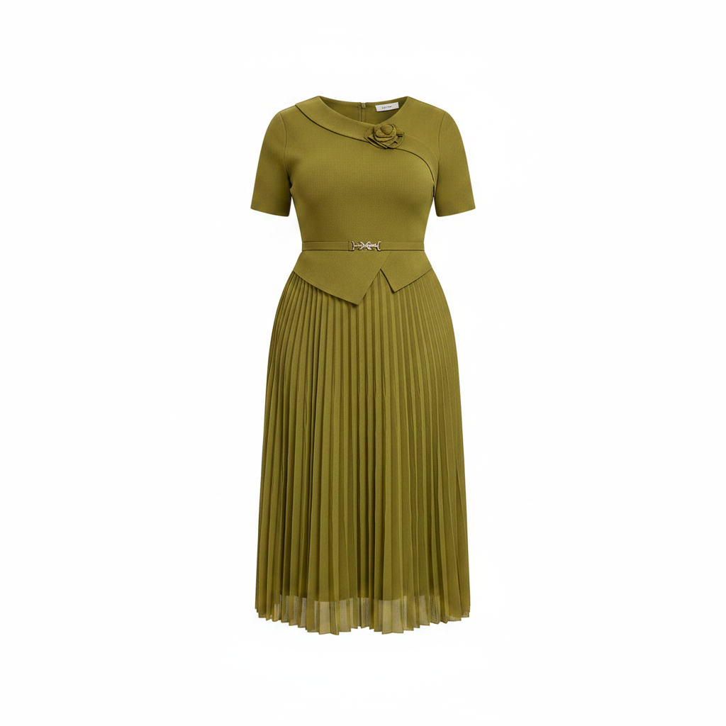 Women's olive green corsage belted pleated midi gown ghost mannequin view on white background