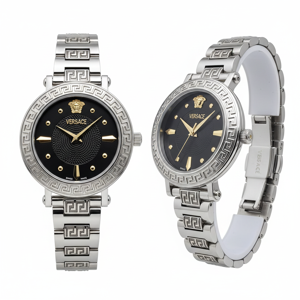 All-silver Greek key bracelet watch with black dial, front and side view on white background