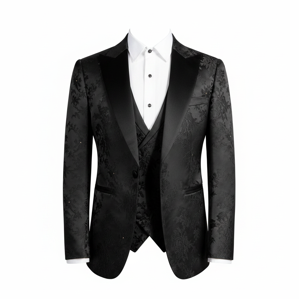 Ghost mannequin front view of all-black floral damask jacquard blazer with shawl lapels and double-breasted waistcoat
